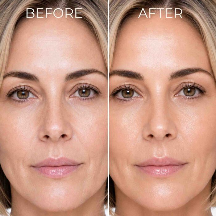 Before and after results using Luminess Color Adjusting Tinted Moisturizer SPF Kit showing smoother and more even-looking skin with a radiant finish.
